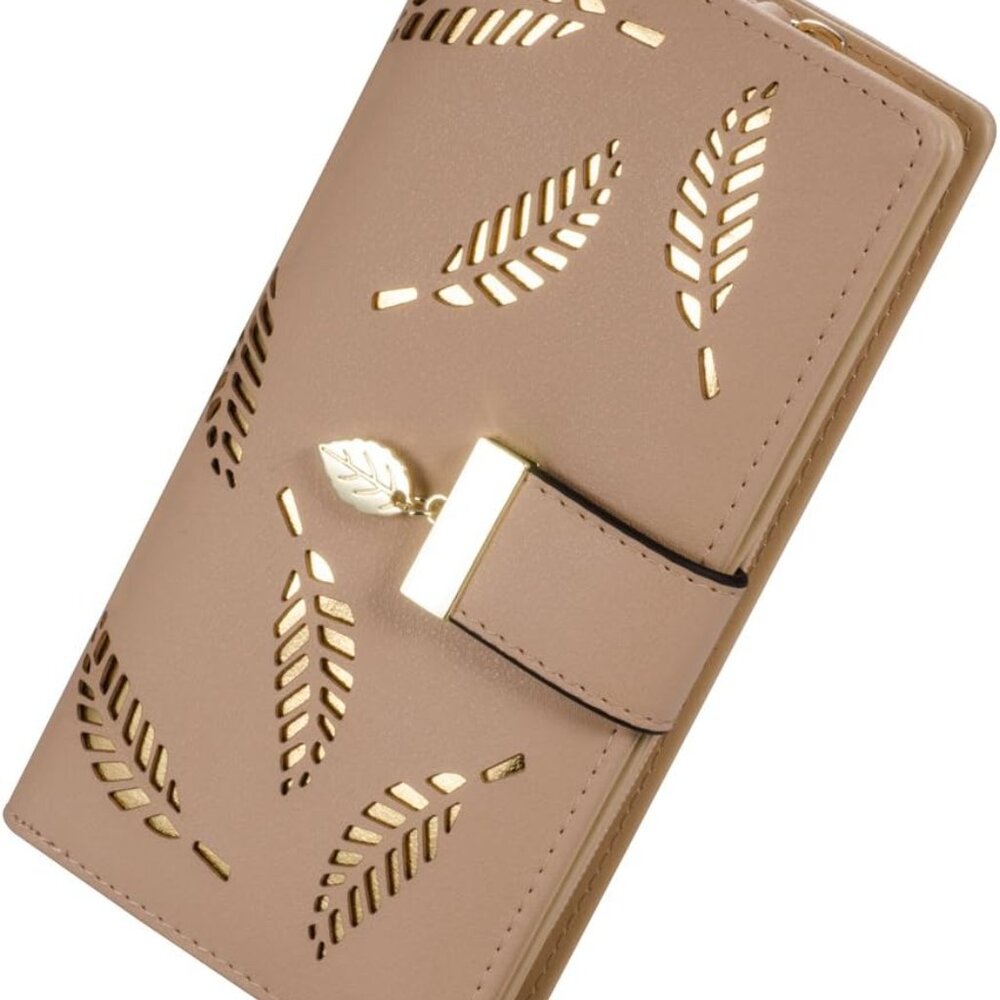 Women's Long Leaf Bifold Wallet Leather Card Holder Purse Zipper Buckle Elegant